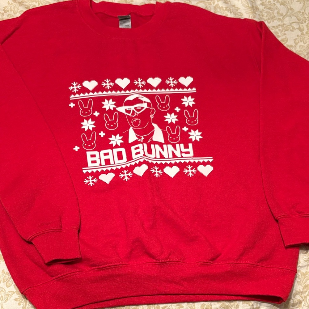 Gildan Red Crewneck Sweatshirt, Bad Bunny Christmas